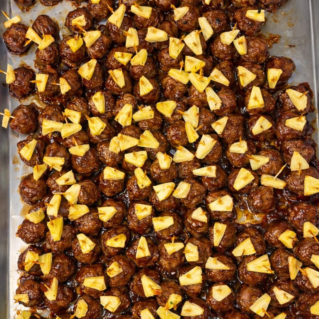 Sheet pan of Hawaiian BBQ meatballs with pineapple chunks on cocktail picks