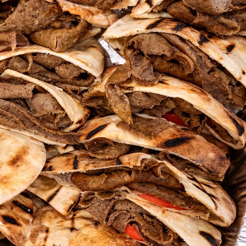 Greek gyros wrapped in grilled pita with tomatoes