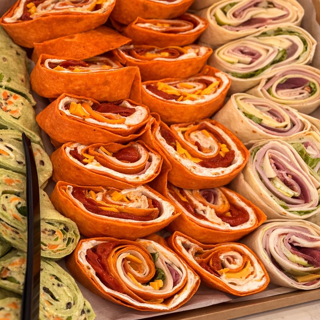 Assorted pinwheel rolls — sun-dried tomato, spinach, and classic — sliced into pinwheels